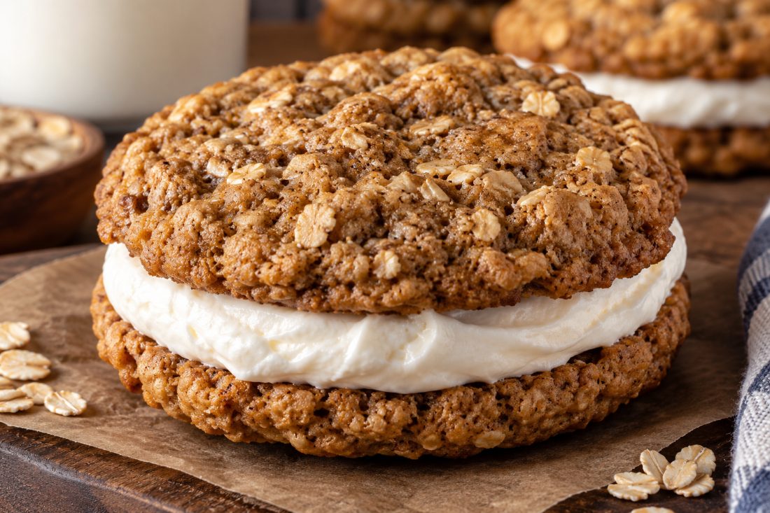 An oatmeal cream pie sandwich cookie