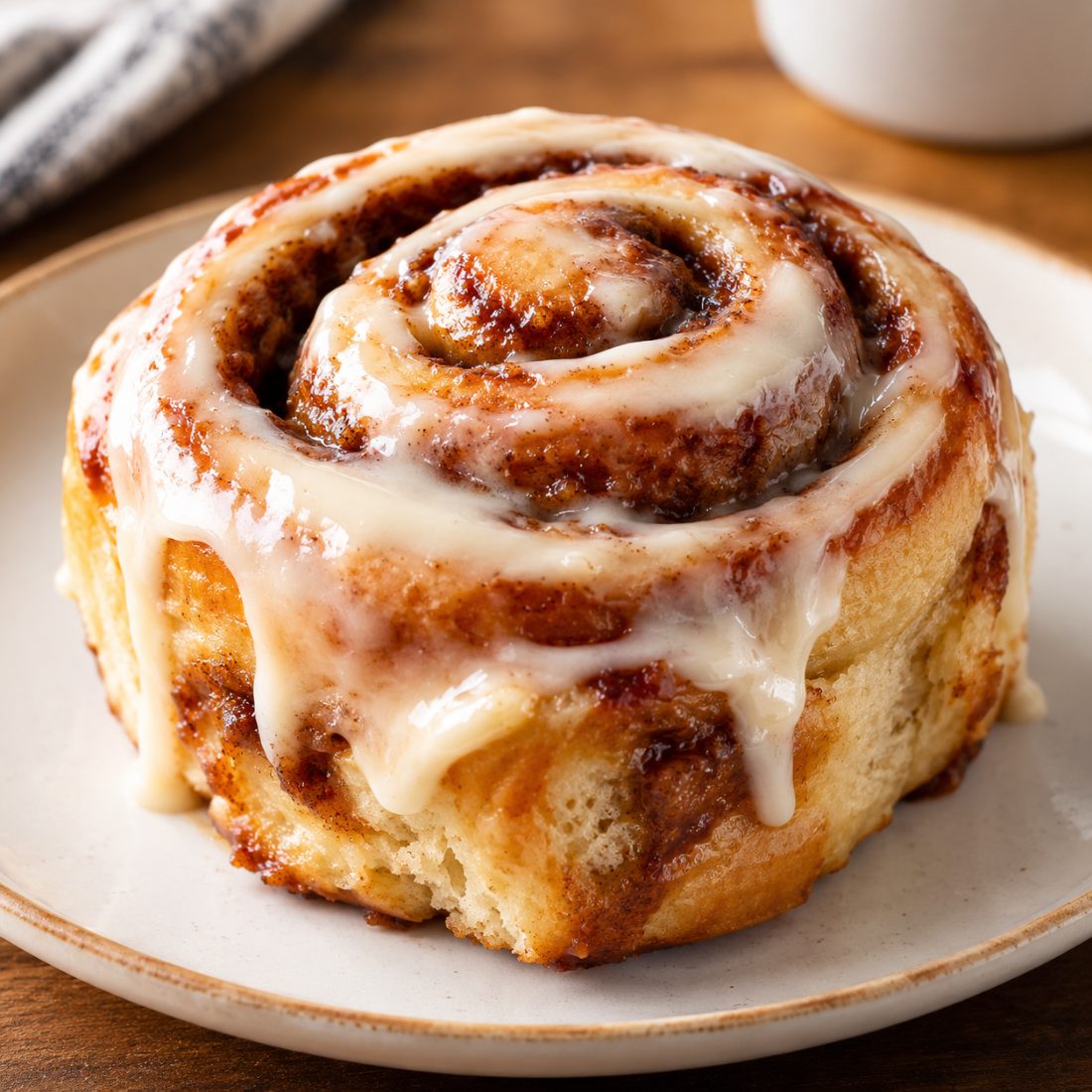 A cinnamon roll with icing on a plate