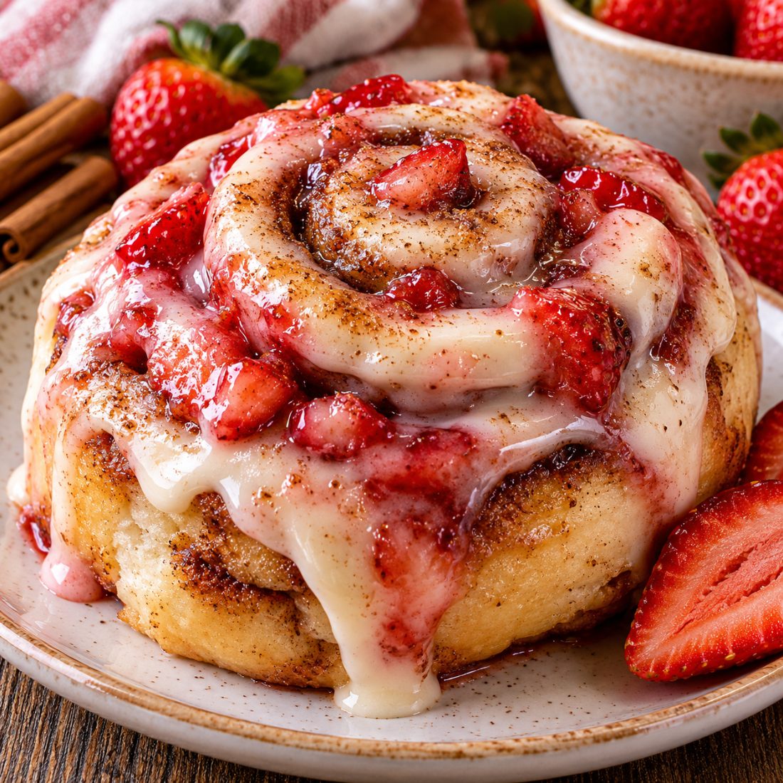 A strawberry roll with icing on a plate